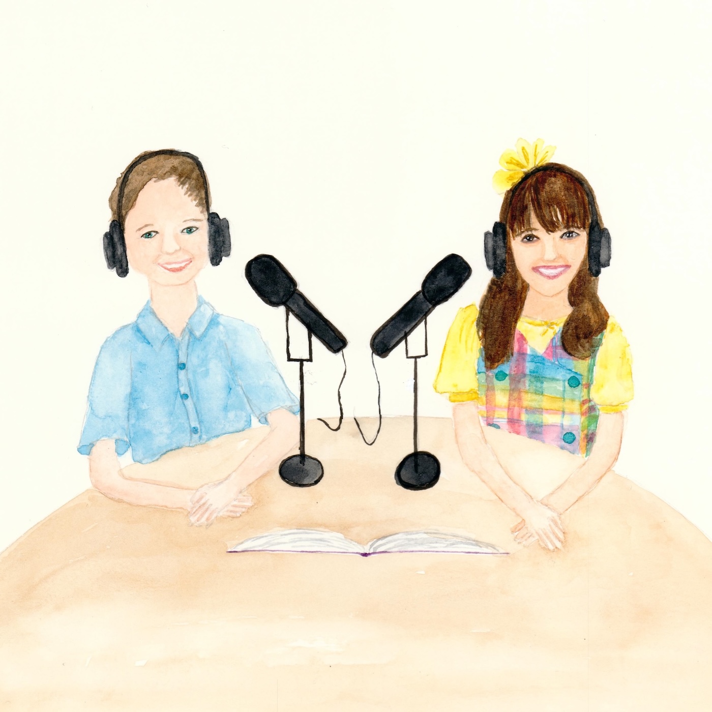 Illustration of the two hosts of Thirty-Two Pages sitting at a table with microphones, headphones and an open picture book.